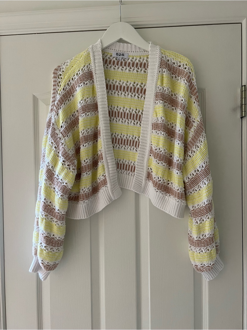 525 America Yellow, Brown & White Crochet Open-Front Striped Cardigan